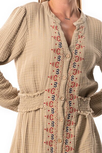 Eliş Şile Bezi Φόρεμα μουσελίνας με κέντημα με λαιμόκοψη V - Φθινοπωρινό και Χειμερινό Mink Vzn