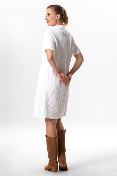 Eliş Şile Bezi White Byz - Double Muslin Dress, Short Sleeve and Half Neck, Elastic Midi Autumn and Winter