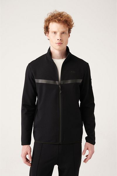 Avva Men's Black Interlock Fabric Stand Collar Printed Sweatshirt A31Y1203