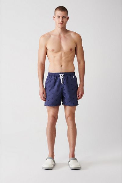 Avva Marineblaue, schnelltrocknende, geometrisch bedruckte Standardgröße, spezielle Box-Komfort-Passform, Badeanzug-Meeresshorts