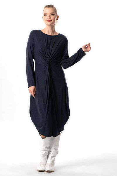 Eliş Şile Bezi Φόρεμα βισκόζης μίντι μήκους Navy Blue με λεπτομέρεια Athena Knot - μακρυμάνικο, φθινόπωρο και χειμώνα