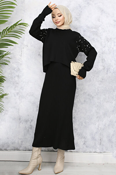 benguen 6109 İnci Detaylı Jile Triko Takım Siyah