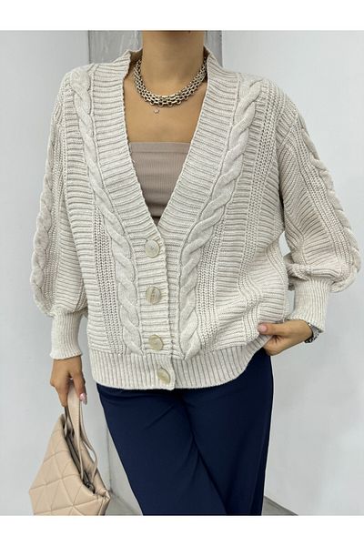 Modamorfo Stone Colored Knitted Patterned Araboy Cardigan
