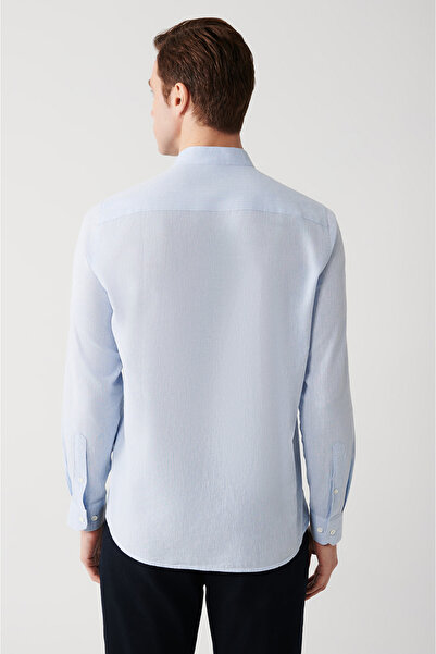 Avva Men's Blue Judge Collar Linen Blended Regular Fit Shirt B002027