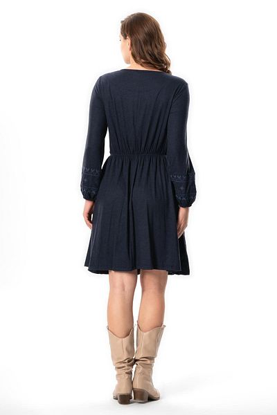 Eliş Şile Bezi Φόρεμα Navy Blue Viscose - Μακρυμάνικο, Κεντημένο Αυθεντικό Κοντό Χτενισμένο Βαμβάκι, Φθινόπωρο και Χειμώνας, Lcvt