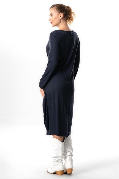 Eliş Şile Bezi Φόρεμα βισκόζης μίντι μήκους Navy Blue με λεπτομέρεια Athena Knot - μακρυμάνικο, φθινόπωρο και χειμώνα