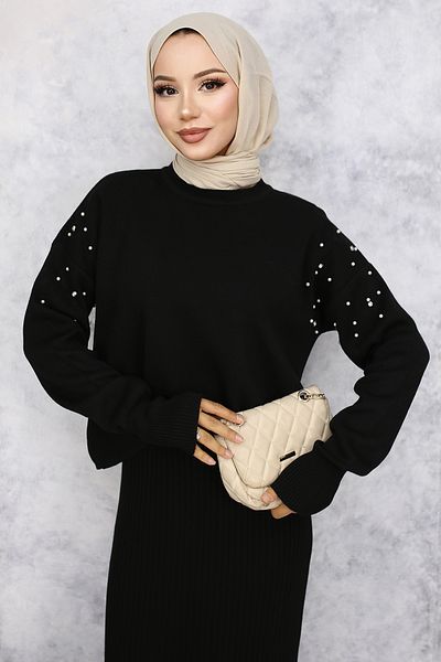 benguen Black 6109 Model Gilet Knitwear Set - Pearl Detailed