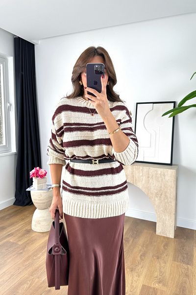 BİRCANÇİL Logi Stone Claret Red Stripe Detailed Knitwear