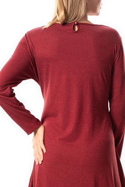 Eliş Şile Bezi Athena Midi Viscose Dress - Long Sleeve, Knot Detail, Autumn and Winter, Burgundy Brd
