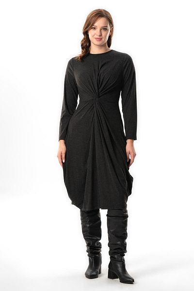 Eliş Şile Bezi Athena Gray Gray Long Sleeve Midi Viscose Dress - Knot Detailed Autumn and Winter
