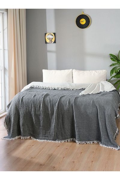 OTEXSA Anthracite Ecru 4 Layer Muslin Double Bedspread - Pike (260 X 220cm)