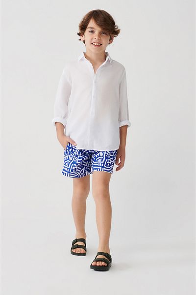 Avva Blaue, schnelltrocknende, geometrisch bedruckte Standardgröße für Kinder, spezielle Boxed Comfort Fit-Badeanzug-Meeresshorts