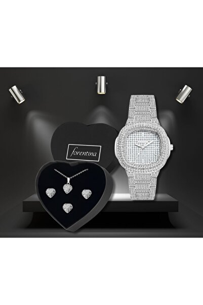Forentina Gümüş Kaplama Kalpli Kolye Küpe Yüzük-Taşlı Metal Kol Saati PS3797