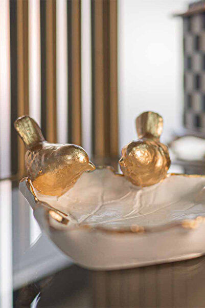 Ella's Design Studio White Gold Decorative Plate with Birds - New Year Gift, Dresuar Decor