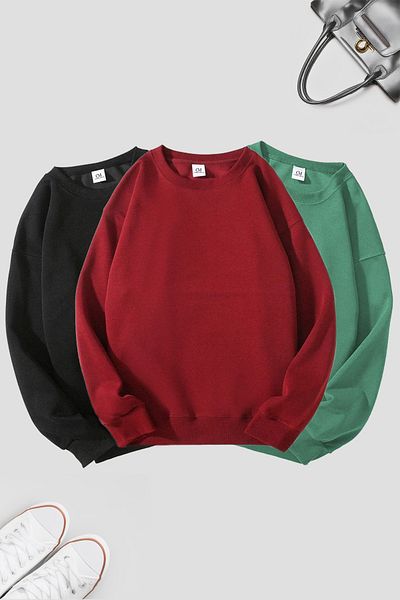 COMBİNE MİCHAİL Unisex 3-Piece Claret Red Black Crew Neck Oversize Sweatshirt Pack