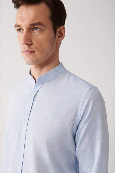 Avva Men's Blue Judge Collar Linen Blended Regular Fit Shirt B002027