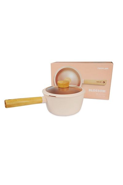 NEOFLAM ,Blossom ,Sauce pan,18cm,With Wood Handle&Glass Lid,Suitable Stovetop&Induction,Sandy Pink