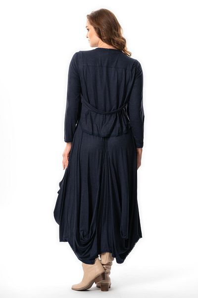 Eliş Şile Bezi Μακρύ χτενισμένο βαμβακερό φόρεμα Navy Blue Asymmetrical Cut - Μακρυμάνικο Atlas, Φθινόπωρο και Χειμώνας