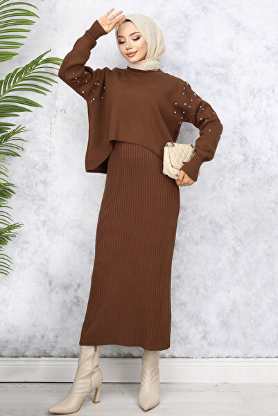 benguen 6109 İnci Detaylı Jile Triko Takım Kahverengi