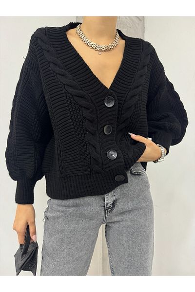 Modamorfo Black Araboy Cardigan - Knitted Pattern and Button Detail