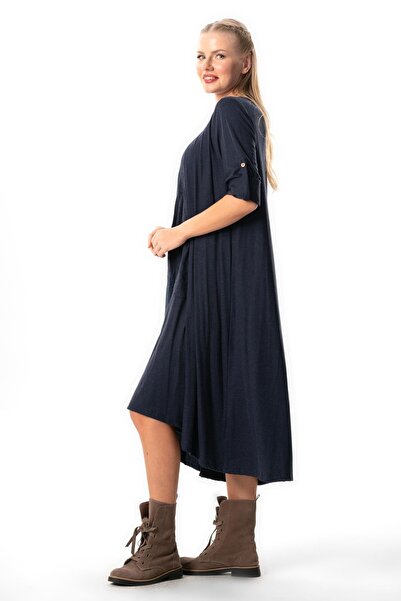 Eliş Şile Bezi Navy Blue Midi Length Viscose Combed Cotton Dress - Long Sleeve, Autumn and Winter Authentic Lcvt