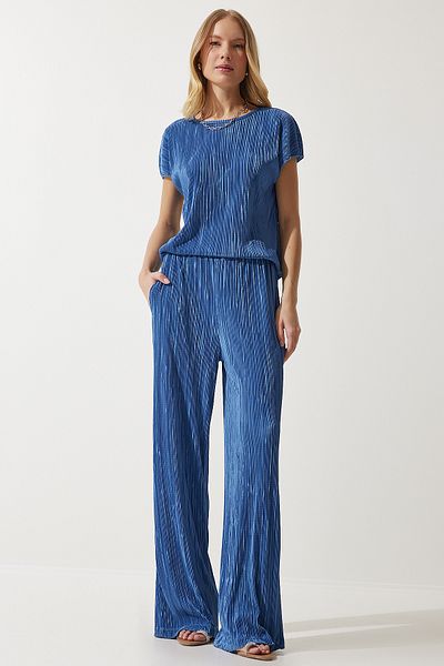 Lovelyİstanbul Dark Blue Pleated Comfortable Blouse and Trousers Set - Lmc0017