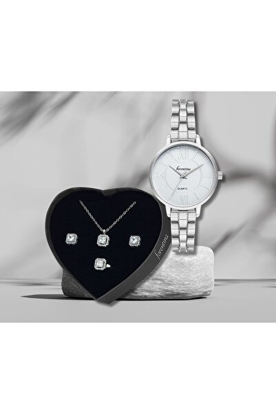 Forentina Gümüş Kaplama Tektaş Kolye Küpe Yüzük-Metal Kol Saati Hediye Set PS...