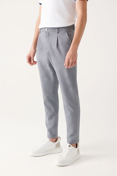 Avva Marineblaue Seersucker-Plisseehose mit Karomuster für Herren A31y3215