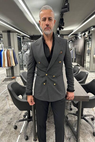 Fc Plus Torba Cep Altın Düğme Detaylı Kruvaze Füme Ceket