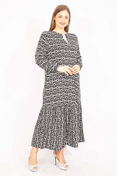 Şans Women's Large Size Black Woven Viscose Fabric Hemline Tiered Long Sleeve...