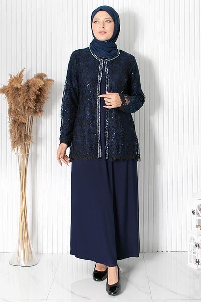 SUBU TASARIM Navy Blue Lace Evening Dress with Sequin Detail, Tbs2311