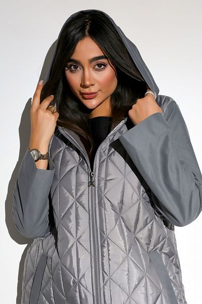 Mankens Fashion Gray Hooded Zippered Puffer Long Jacket