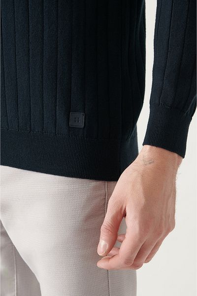 Avva Pulover pentru bărbați, albastru bleumarin, cu gât crew, tricotaj jacquard A22y5179