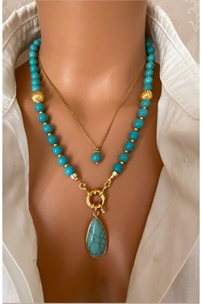 TARZ-I TAKI (2 KOLYE) Doğal Taş Mavi Turkuaz Firuze Taşı Çelik Zincir Altın Kaplama Çerçeveli Taş Uç Kadın Kolye