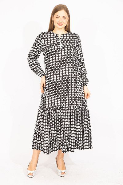Şans Women's Large Size Black Woven Viscose Fabric Hemline Tiered Long Sleeve Dress 65n35513