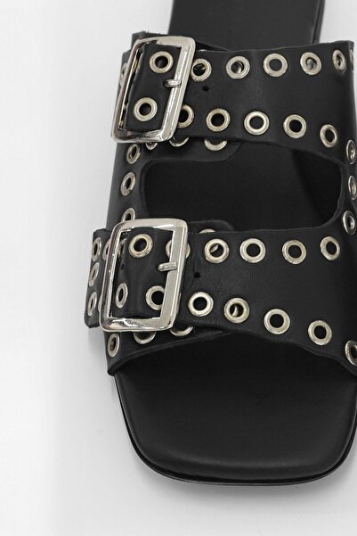 NILUFARR Чорні жіночі капці з ремінцем із натуральної шкіри