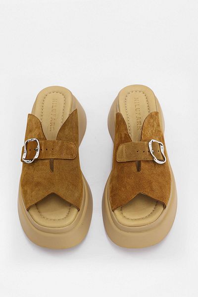 NILUFARR Palmer Tan Suede - Papuci cu toc cu curea din piele naturală