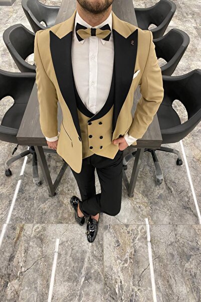 Fc Plus DAMATLIK YELEKLİ BEJ TAKIM ELBİSE