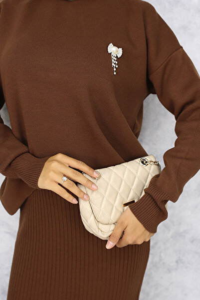 benguen 6110 Turtleneck Brooch Detailed Gilet Knitwear Set Brown