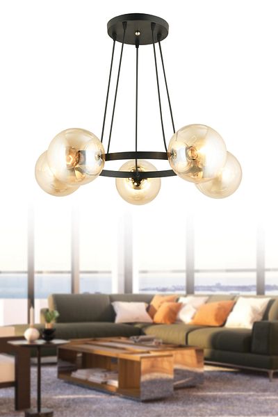 SONSUZ AYDINLATMA&AVİZE Infinite Black 5-Piece Ring Honey Globe Glass Modern Chandelier