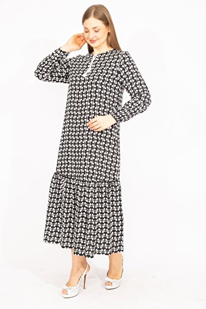 Şans Women's Large Size Black Woven Viscose Fabric Hemline Tiered Long Sleeve Dress 65n35513