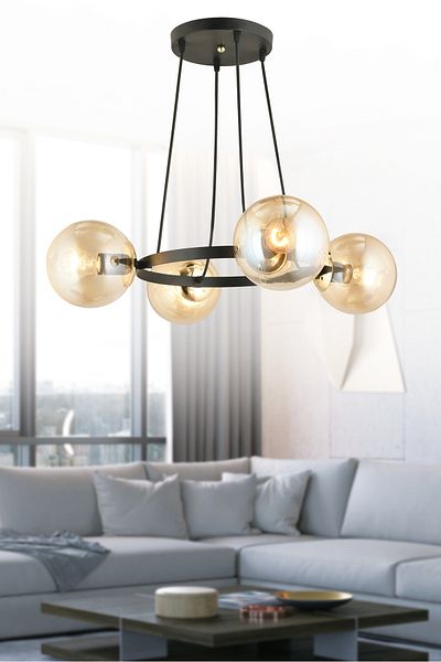 SONSUZ AYDINLATMA&AVİZE Queen Black 4-Piece Ring Honey Globe Glass Modern Chandelier