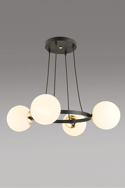 SONSUZ AYDINLATMA&AVİZE Kardelen Black 4-Piece Ring White Globe Glass Modern Chandelier