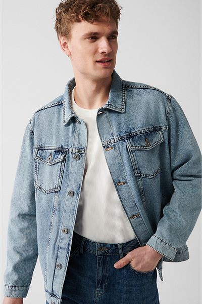 Avva Men's Light Blue Washable 100% Cotton Comfortable Fit Denim Jacket E 006021