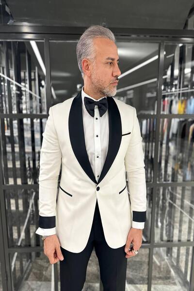 Fc Plus ŞAL YAKA SATEN PREMİUM BEYAZ DAMATLIK TAKIM ELBİSE