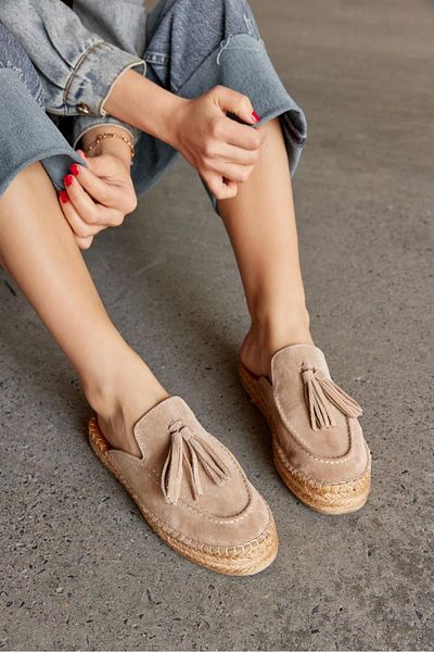 NILUFARR Papuci de damă cu espadrille din piele naturală din piele de căprioară bej