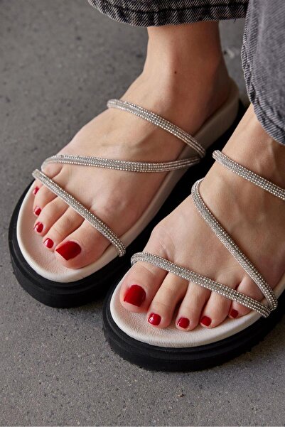 NILUFARR Блискучі білі жіночі капці з натуральної шкіри з камінцями