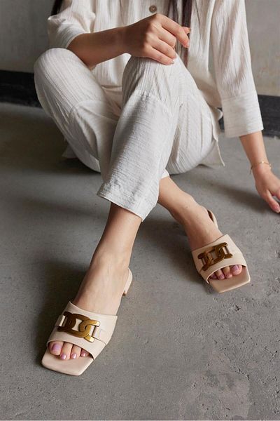 NILUFARR Papuci de damă Yalena Beige - Piele autentică, Toc scăzut