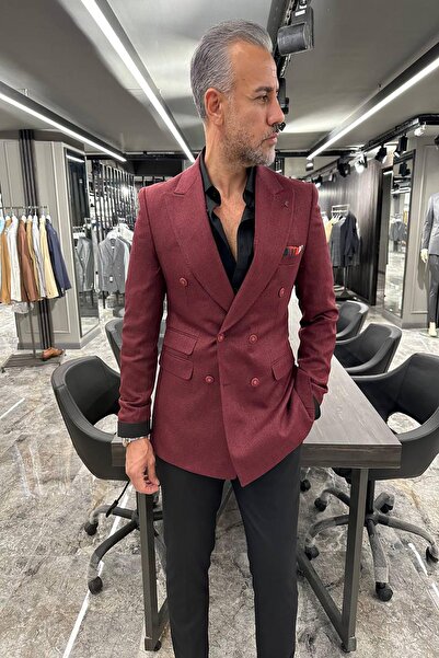 Fc Plus Cep Detaylı Kruvaze Geniş Yaka Bordo Ceket