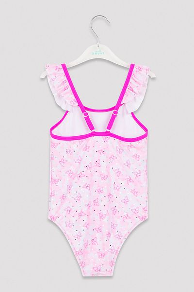 Penti Girl's Purple Stripe and Ruffle Detailed Butterfly Patterned Swimsuit
